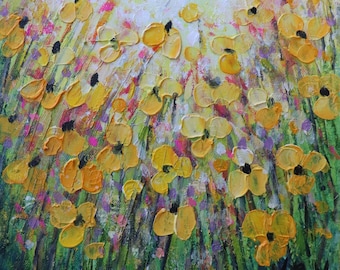 Original Yellow Wildflower Painting 10x10, Wildflower Sunshine, Textured Floral Wall Art