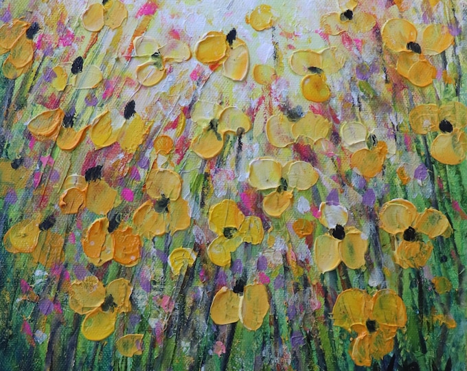 Original Yellow Wildflower Painting 10x10, Wildflower Sunshine, Textured Floral Wall Art