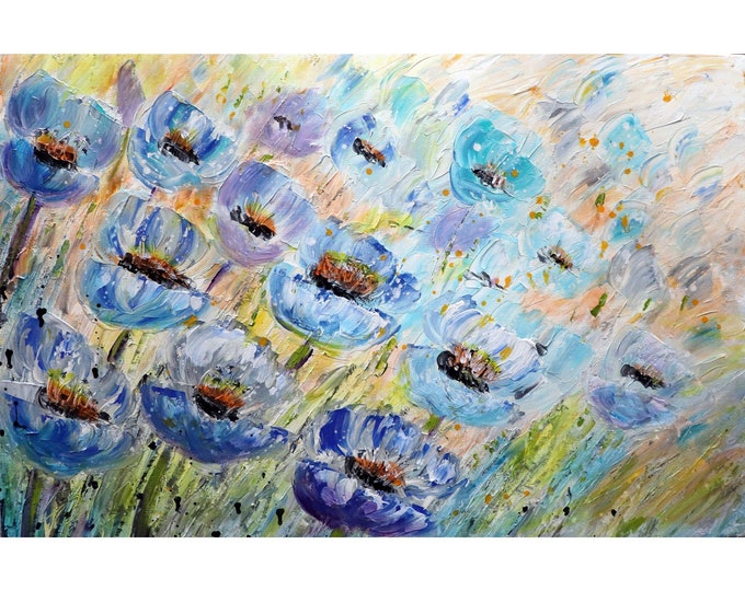 Blue Variations Poppy Flowers Original Oil Painting Large Flower on Canvas