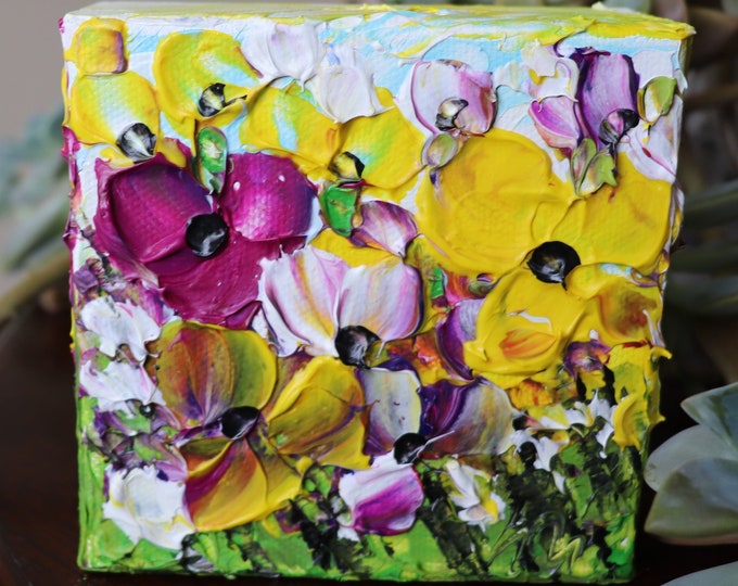 Flower Oil Painting on Small 4x4 Block Canvas, SPRING Colorful Petunia FLOWERS