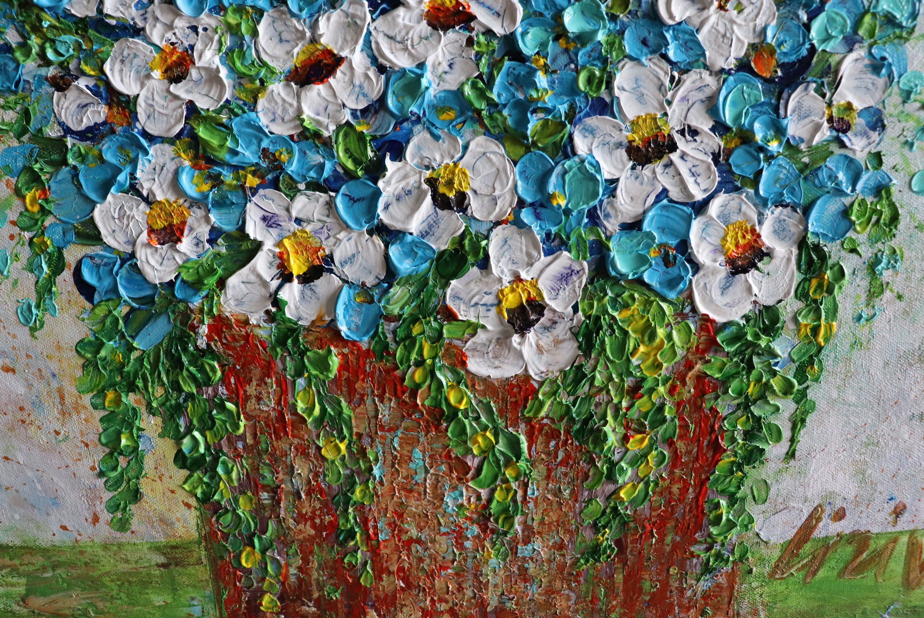 Fresh Flowers Bouquet Original Impasto Painting Canvas Art by Luiza Vizoli  Square Canvas Textured Heavy Texture