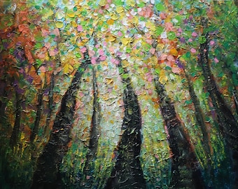 Original Colorful Forest Painting, 30x24 Textured Impasto Spring Trees on Canvas
