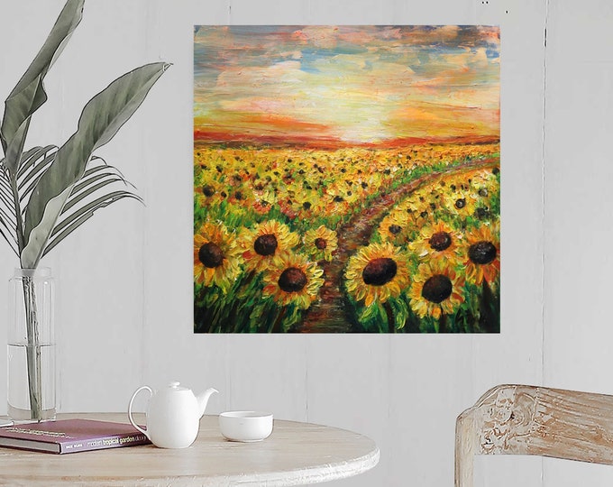 Textured Impasto Sunflowers Sunset Oil Painting on Canvas - Italy Landscape Art