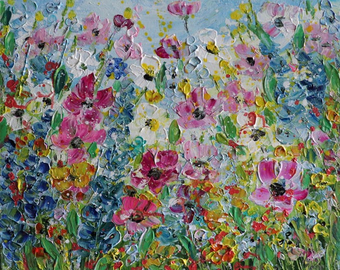 Original Wildflower Painting, Colorful Textured Floral Art, Pink Blue Flower Garden