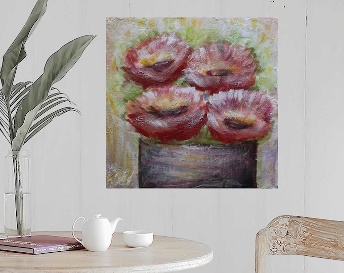 Textured Floral Impasto Painting, Wabi-Sabi Earth Tones, Sculptural Abstract Art