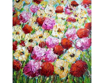 Red White Yellow Pink FLOWERS Original Oil Painting Palette Impasto Textured Floral Art ready to ship