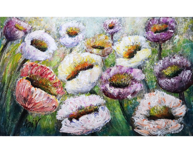 Flowers Field Country Wildflowers Joyful July Original Painting on Large Landscape Textured Impasto Canvas