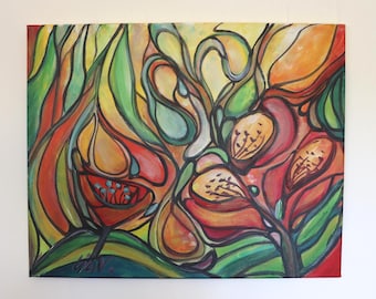 Abstract Botanical Painting, Original Acrylic on 20x16 Canvas, Signed Artist