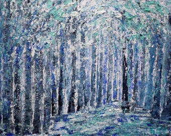 Original Painting on Canvas Impasto Textured Art Winter Season Trees, Serene Shades Cold Weather