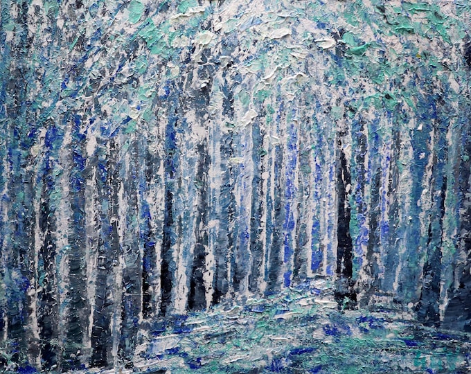 Original Painting on Canvas Impasto Textured Art Winter Season Trees, Serene Shades Cold Weather