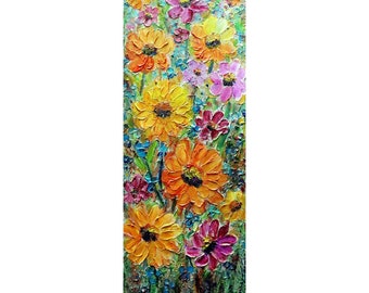 Summer Country Flowers Vivid Blossom Tall Vertical Narrow Painting Original Oil Impasto on Canvas ready to hang, ready to ship