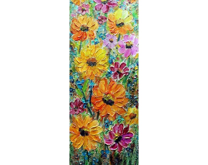Summer Country Flowers Vivid Blossom Tall Vertical Narrow Painting Original Oil Impasto on Canvas ready to hang, ready to ship