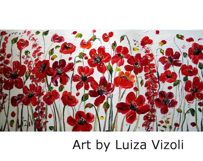 RED FLOWERS On White Large Canvas Oil Painting by Luiza Vizoli MADE to Order