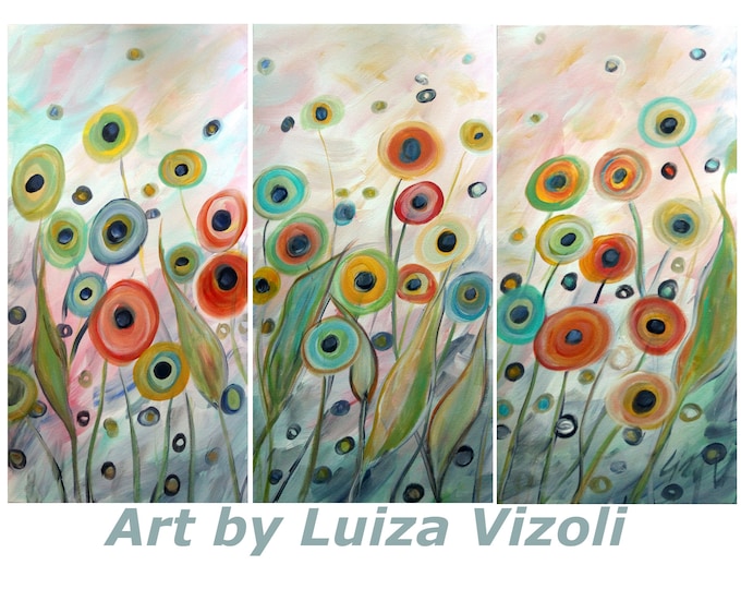 Large Original Painting POPPIES Triptych Artwork Soft Touch of the Wind Abstract Floral Art by Luiza Vizoli