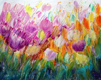 Pink Purple TULIPS Oil Painting Original Palette Impasto Spring Flowers Art