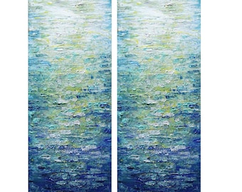 Set of two paintings Tall vertical wall art ORIGINAL Painting canvas BLUE WATER abstract made to order Multiple dimensions available