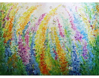 Flowers Garden Impasto Painting: Bees and Butterflies Art
