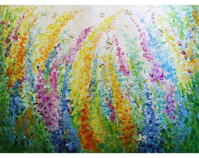 Flowers Garden in Bloom Bees and Butterflies Original Painting Impasto Art by Luiza Vizoli