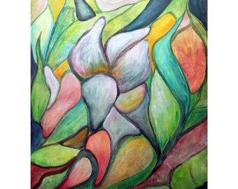 Abstract White Flower Painting, Modern Botanical Wall Art, Stained Glass Effect Floral Canvas