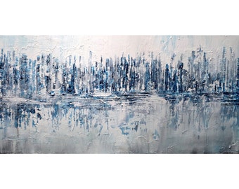 Reflections in Blues, Whites, Grays Modern Abstract Acrylic Textured Painting