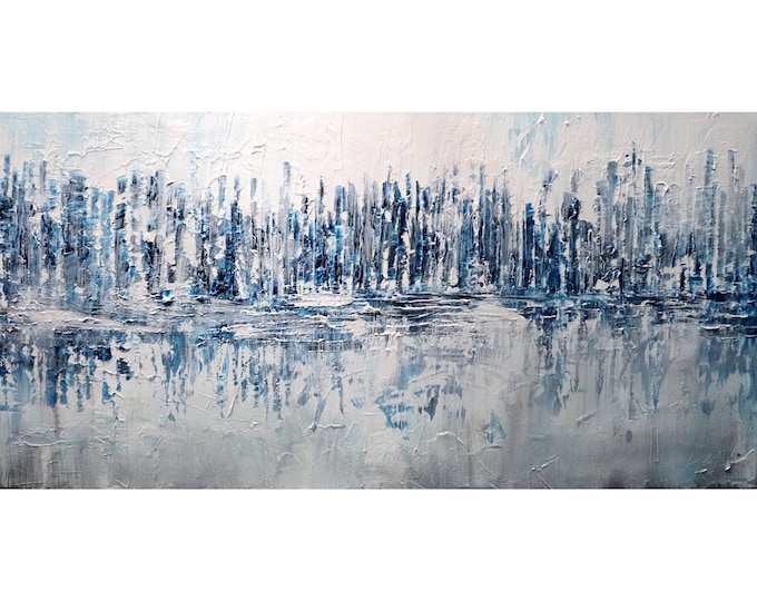 Urban Harmony Textured Reflections in White, Gray, Blues Modern Abstract Acrylic Painting Winter Palette, Hand-Painted  Signed by Artist