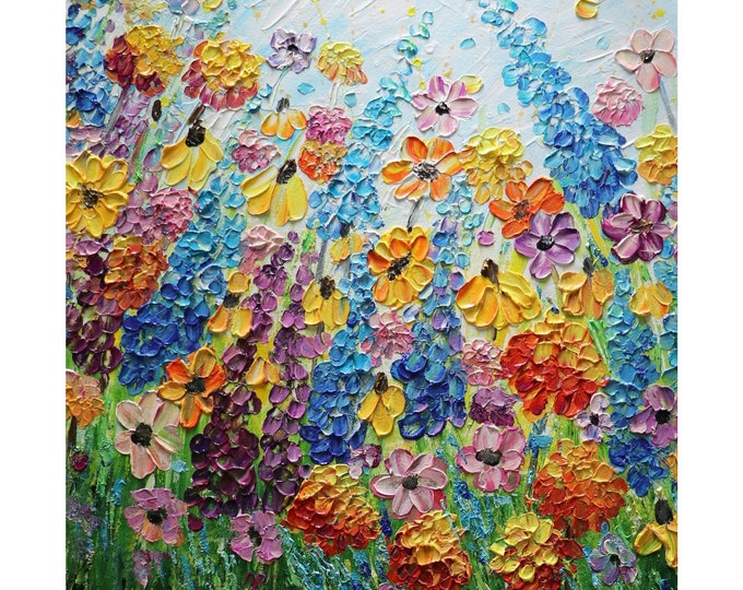 Wildflowers Bluebonnet Original Oil Painting Texas Flowers CUSTOM Art Luiza Vizoli, textured impasto heavy texture