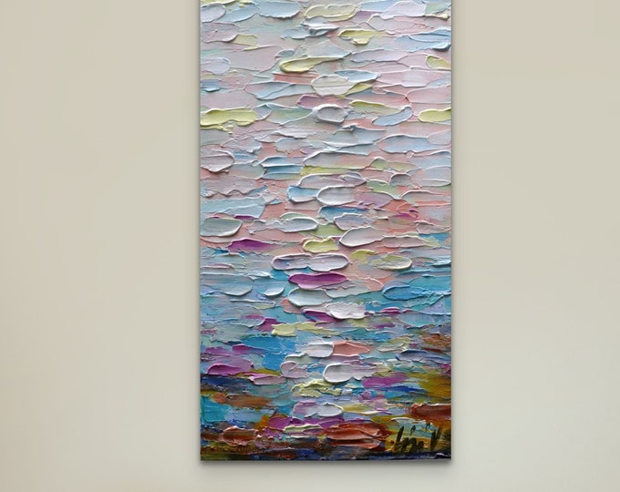 Textured Beach Painting: Pastel Colors, Modern Vertical Canvas Art