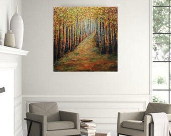 Fall Forest Oil Painting – Large Textured Impasto Canvas Art