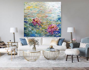 Water Lilies Lotus Flowers Large Painting Abstract Modern Wall Decor Art by Luiza Vizoli, 30x30, 36x36, 48x48