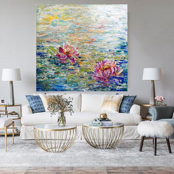 Lotus Water Lilies Oil Painting: Large Abstract Floral Canvas Art