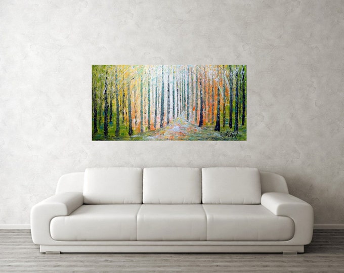 Spring Trees Impasto Oil Painting: Abstract Forest Landscape Canvas