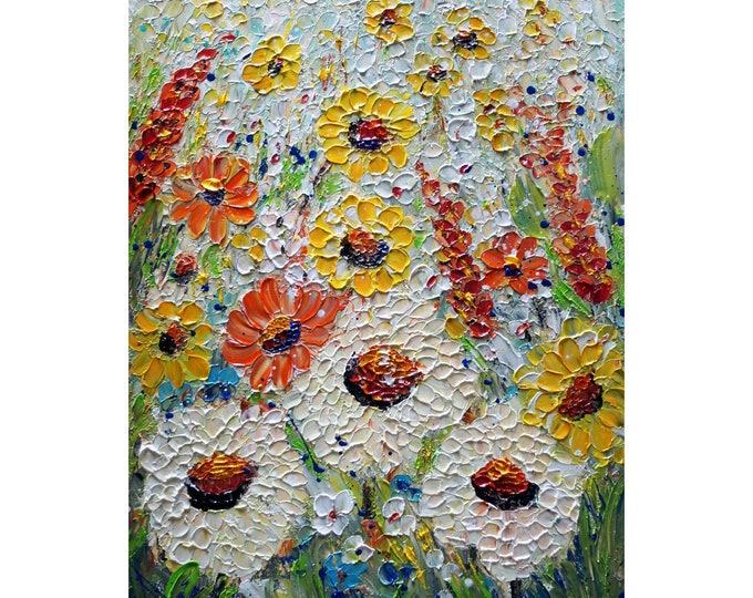 Summer Flowers Oil Painting White Cream Dust Orange Yellow Green Blue THE SUMMER You Can Touch the Flowers