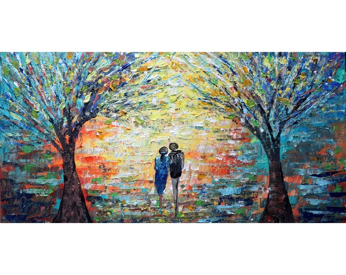 Romantic Couple Walking Together into the Sunset Original Oil Painting Landscape