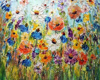 COUNTRY ZINNIAS CORNFLOWERS Original Oil Painting Square Canvas Flowers Landscape Art by Luiza Vizoli