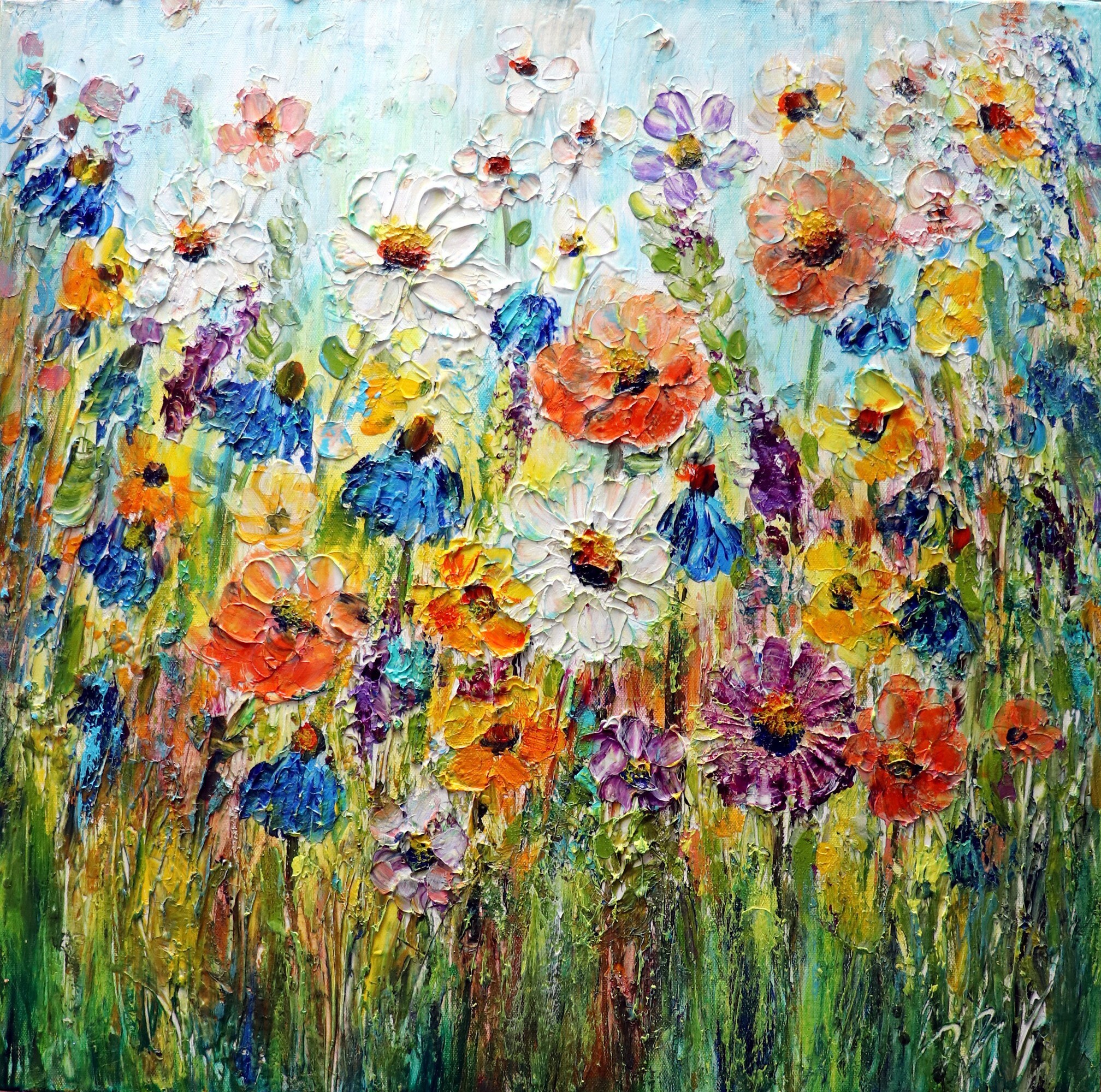 COUNTRY ZINNIAS CORNFLOWERS Original Oil Painting Square Canvas Flowers  Landscape Art by Luiza Vizoli