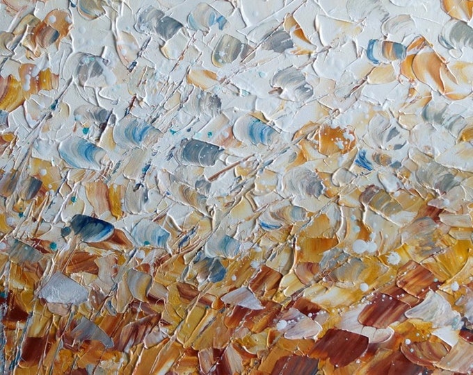 PETALS in the WIND  one of a kind abstract painting in shades of white, cream, rust, caramel, blue, gray