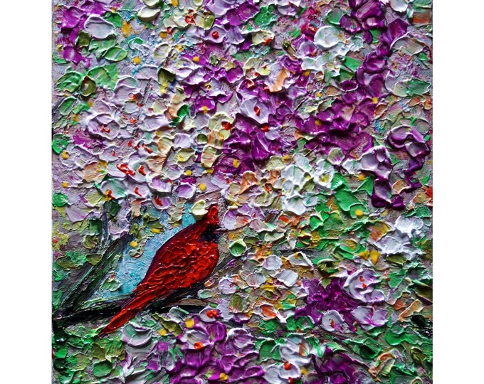 RED CARDINAL Spring Blossom Original Abstract Birds Painting