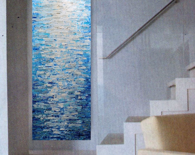 Textured Abstract Painting, Misty Blue Water Reflection Art, Original Coastal Canvas Wall Art