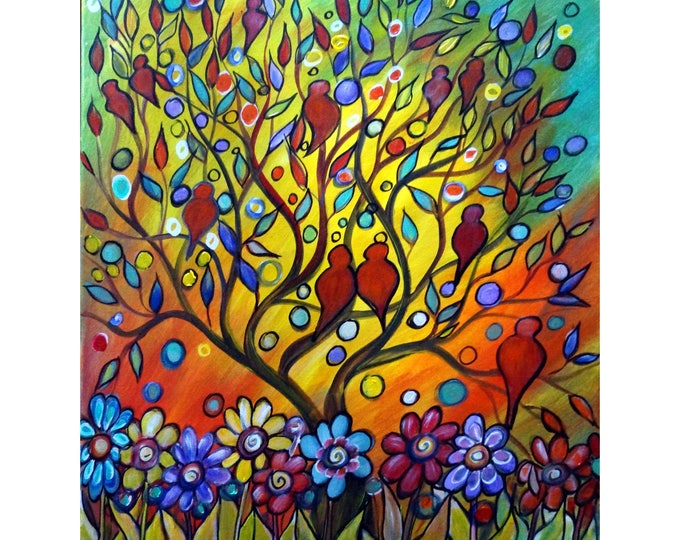 Birds Painting Original Canvas Whimsical Tree Landscape Flowers Painting on Canvas Ready to Ship HAPPY SERENADE by Luiza Vizoli