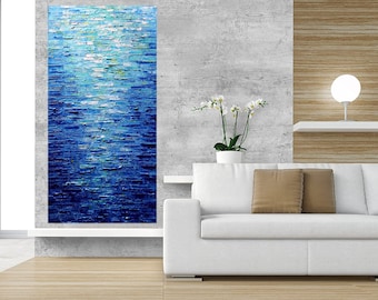Blue Sky Reflection Painting, Large Vertical Ocean Art, Textured Canvas