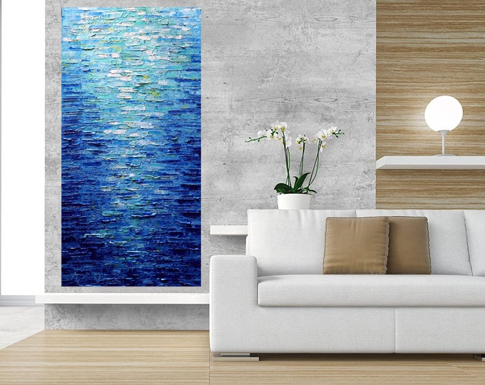Blue Sky Reflection Painting, Large Vertical Ocean Art, Textured Canvas
