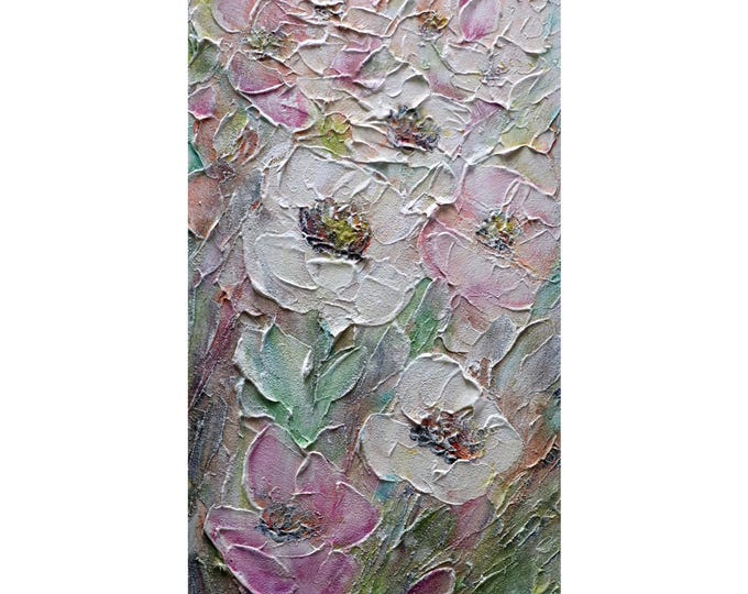 Roses Elegance - Original Textured Palette Impasto Painting by Luiza Vizoli, 12x24 Vertical Canvas, Pastel Colors, Ready to Hang