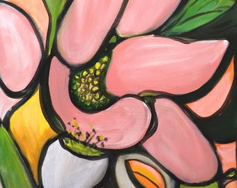 Modern Abstract Oil Painting: 16x20 Blush Pink Blossoms on Stretched Canvas