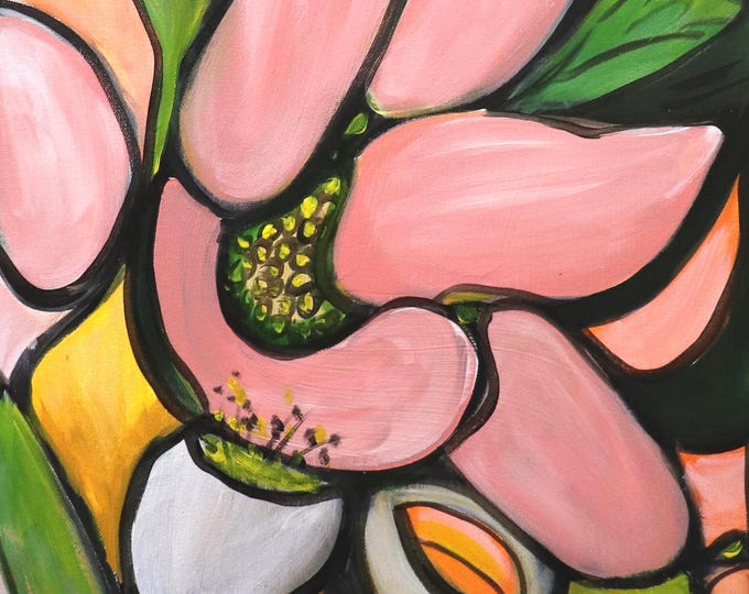 Modern Abstract Oil Painting: 16x20 Blush Pink Blossoms on Stretched Canvas