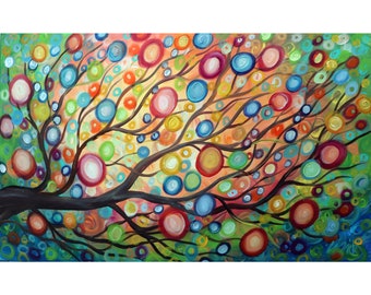 The MUSIC of NATURE Rain Tree Rainbow Sunset Original Large Painting Whimsical Colorful Art by Luiza Vizoli