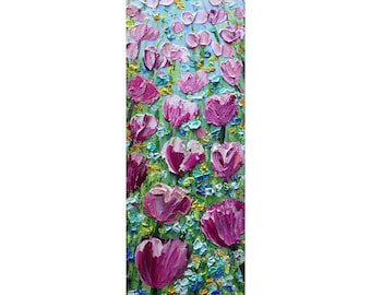 Spring Tulips in the Netherlands Flowers Original Painting Pink Purple Blue Yellow Vertical Narrow Canvas