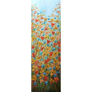 Prairie Flowers Orange Yellow Blue Tall vertical wall art ORIGINAL Painting Narrow Canvas wall decor for staircase, entryway