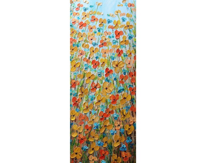 Prairie Flowers Orange Yellow Blue Tall vertical wall art ORIGINAL Painting Narrow Canvas wall decor for staircase, entryway