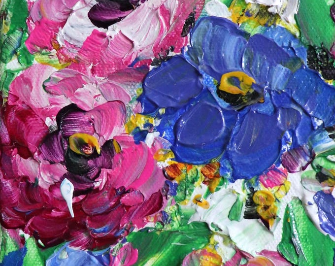 Zinnia Oil Painting, Colorful Textured Floral Art, Original 5x7
