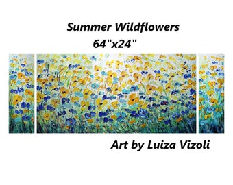 Summer Wildflowers Extra Large Painting Triptych Art Original Artwork Daisy Forget Me Not  Flowers  for Long Narrow Wall